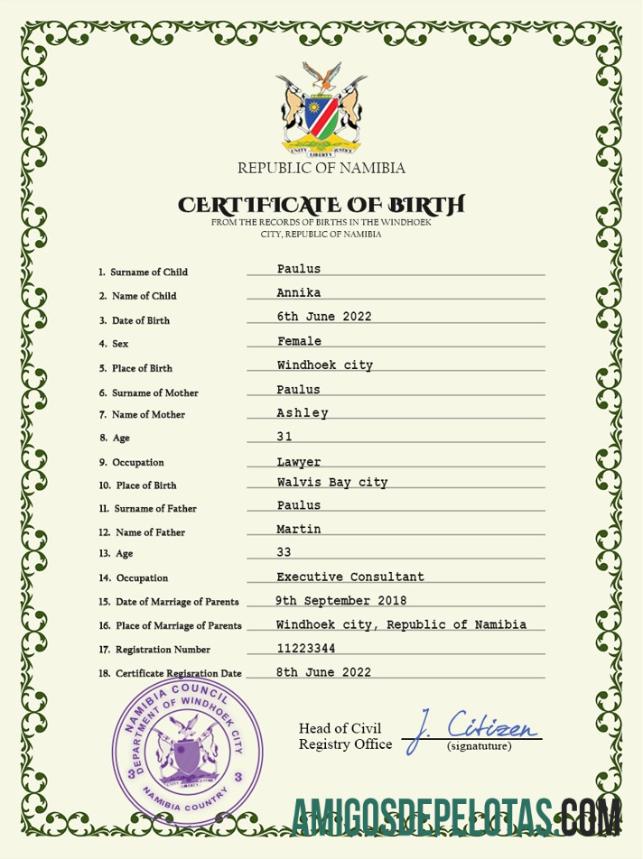 Premium Namibia vital record kelahiran sertifikat PSD templat