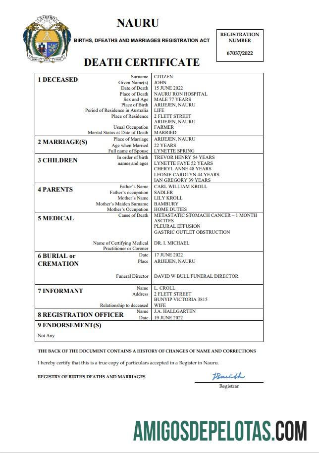 Berkualitas Nauru kematian sertifikat Word and PDF templat