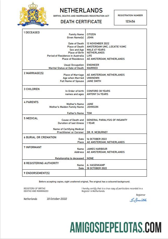 Profesional Belanda vital record kematian sertifikat Word and PDF templat