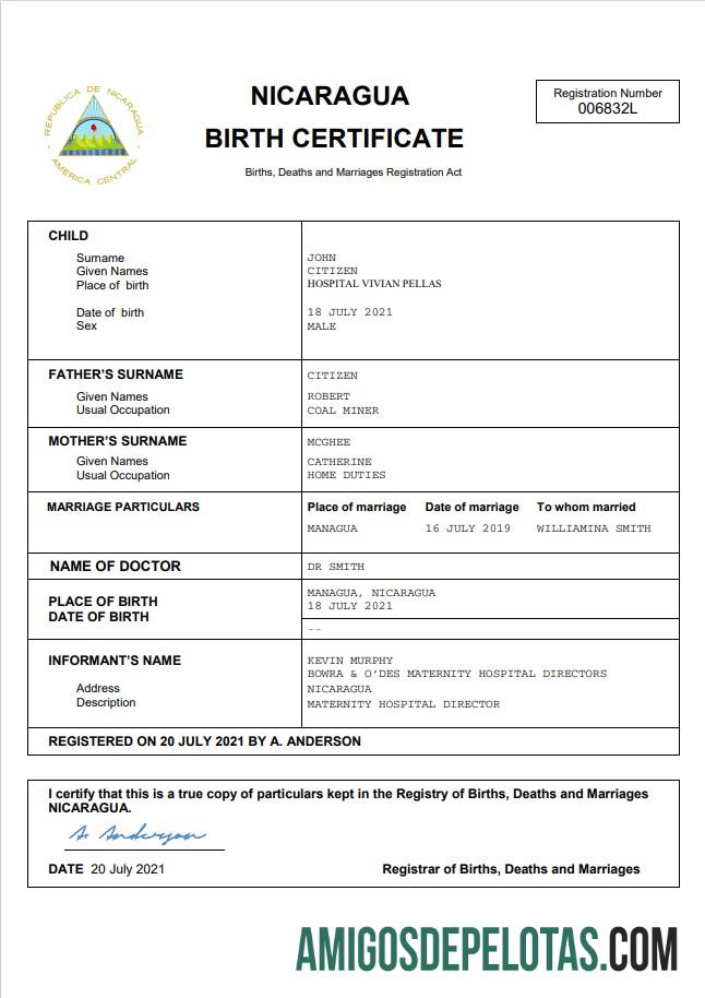 Realistis Nikaragua vital record kelahiran sertifikat Word and PDF templat