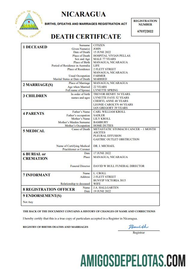 Premium Nikaragua vital record kematian sertifikat Word and PDF templat