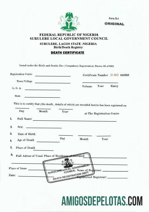 Nigeria Sugulere local government council kematian sertifikat sampel