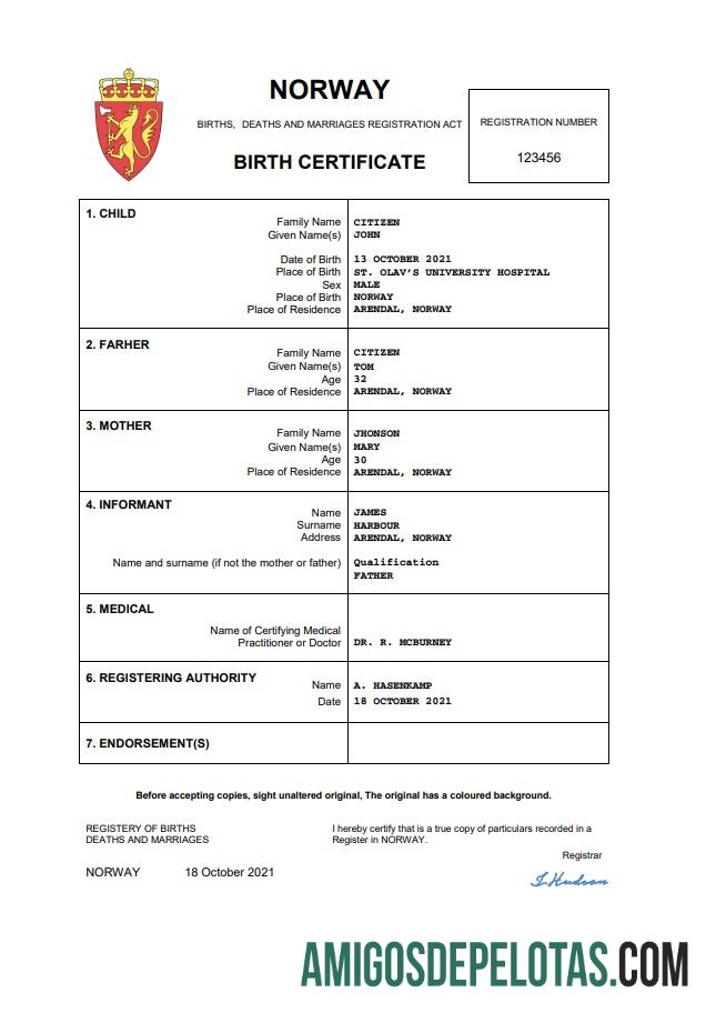 Dapat Diedit Norwegia kelahiran sertifikat Word and PDF templat