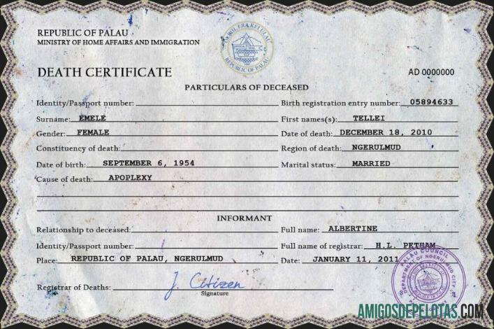 Profesional Palau kematian sertifikat PSD templat