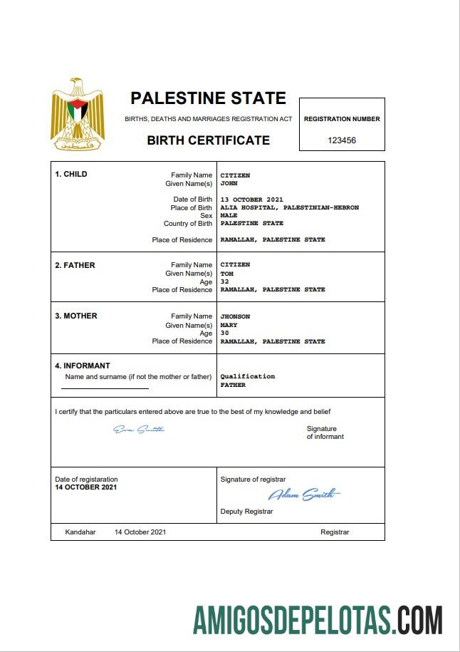 Realistis Palestina vital record kelahiran sertifikat Word and PDF templat
