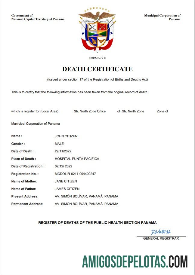 Realistis Panama kematian sertifikat Word and PDF templat