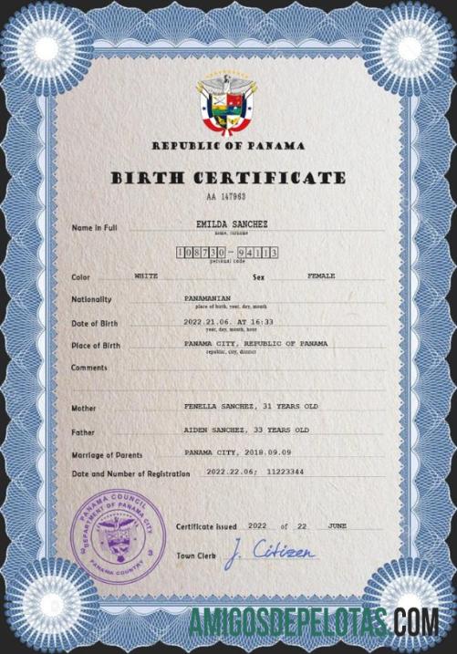 Dapat Diedit Panama vital record kelahiran sertifikat PSD templat