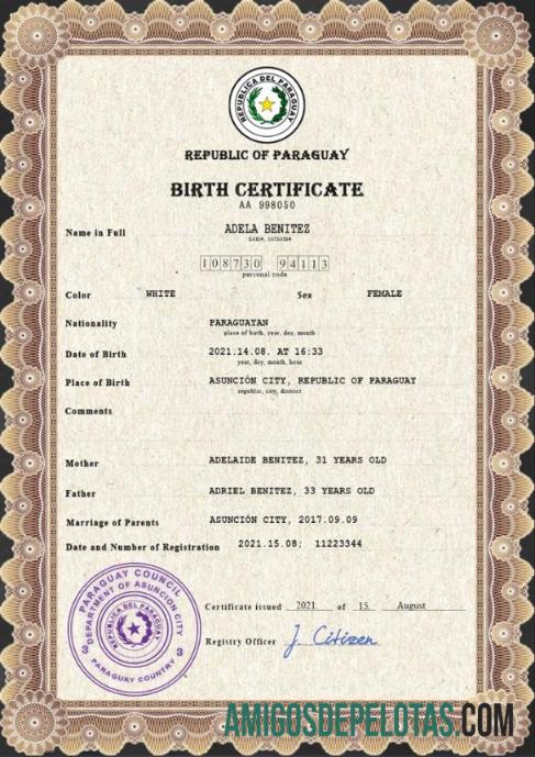 Dapat Diedit Paraguay vital record kelahiran sertifikat PSD templat