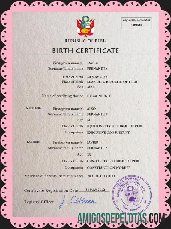 Profesional Peru vital record kelahiran sertifikat PSD templat