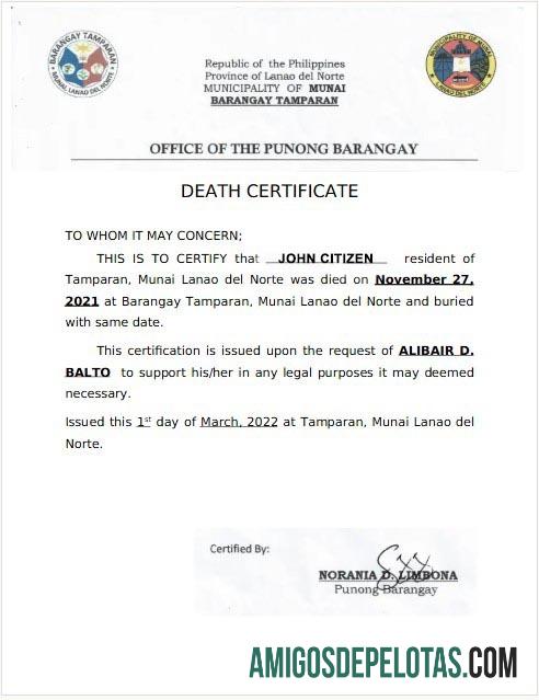 Filipina Office of the Punong Barangay kematian sertifikat desain