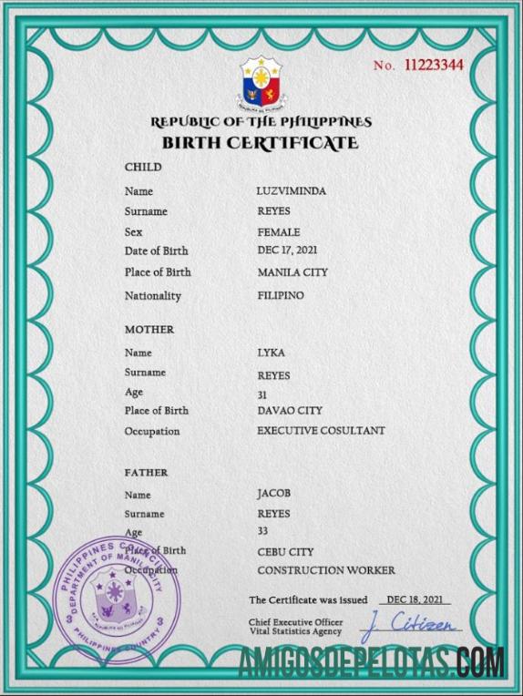 Berkualitas Filipina kelahiran sertifikat PSD templat