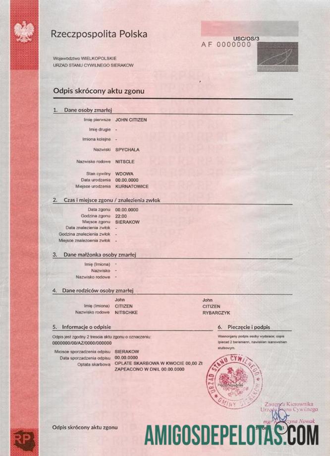 Polandia kematian sertifikat sampel