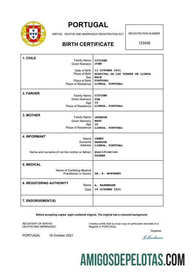 Premium Portugal kelahiran sertifikat Word and PDF templat