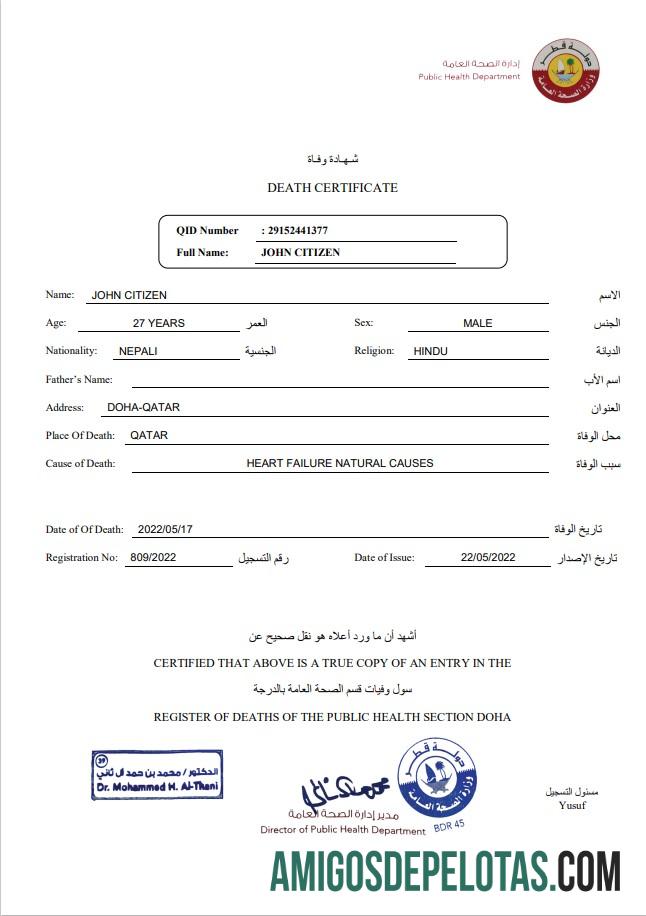 Realistis Qatar kematian sertifikat templat in Word and PDF format