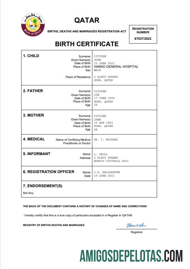 Realistis Qatar vital record kelahiran sertifikat Word and PDF templat