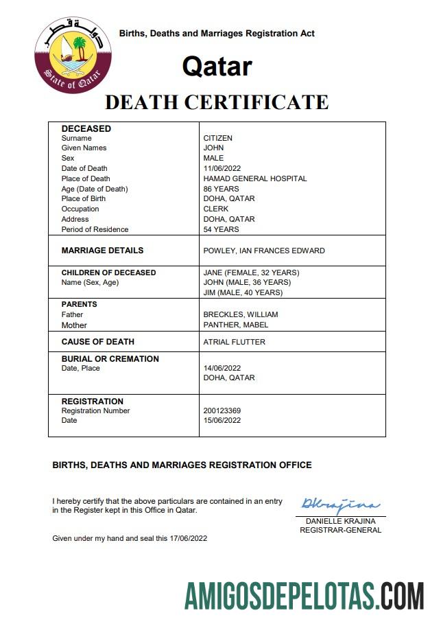 Berkualitas Qatar vital record kematian sertifikat Word and PDF templat
