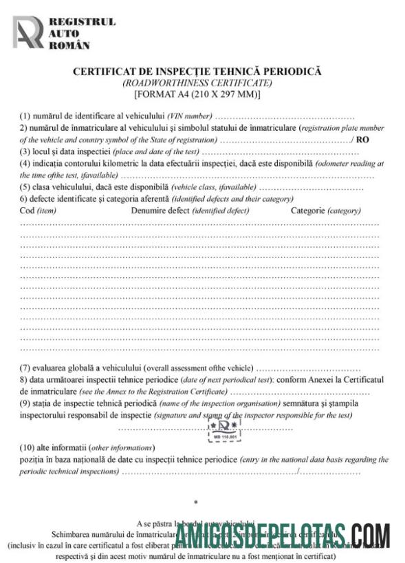 Rumania Registrul Auto Roma╠én Periodic technical inspection sertifikat (roadworthiness sertifikat) scr templat