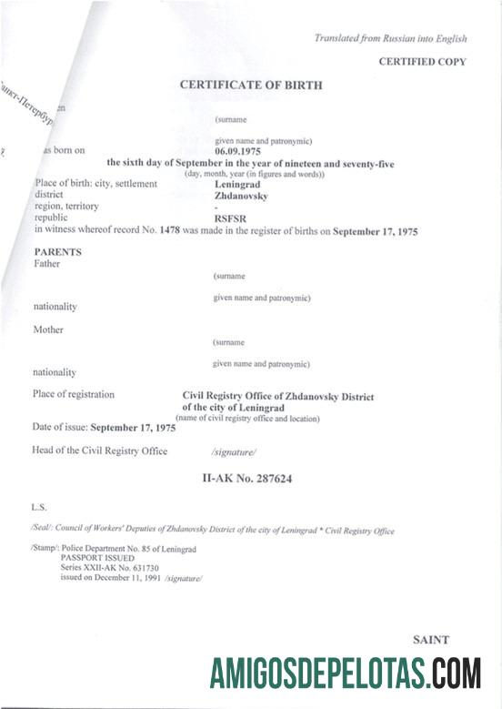 Rusia Civil registry office of Zhdanovsky district kelahiran sertifikat sampel