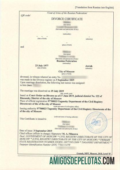 Rusia Department of the civil registry of Moscow perceraian sertifikat pratinjau