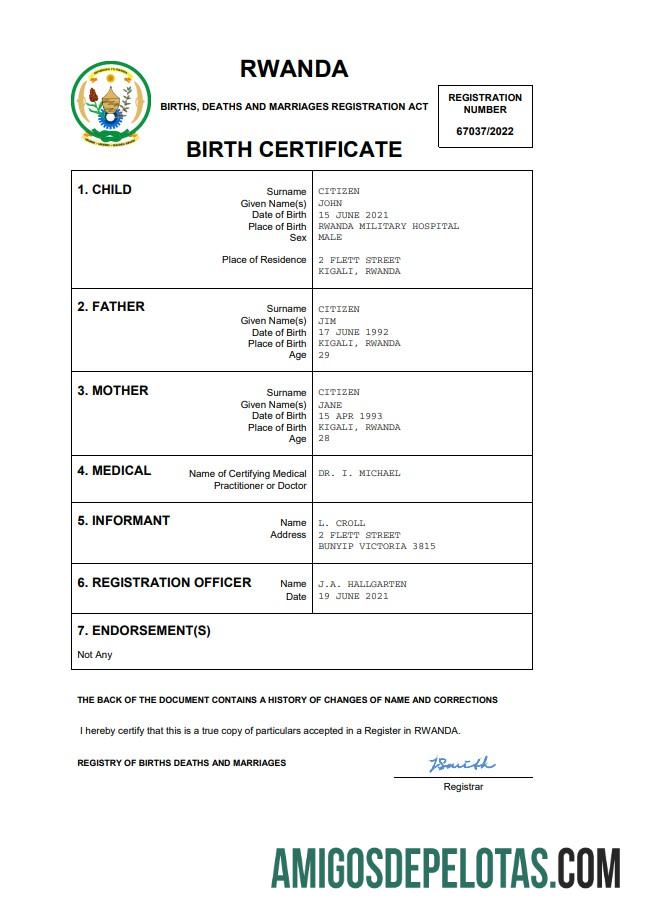 Berkualitas Rwanda kelahiran sertifikat Word and PDF templat