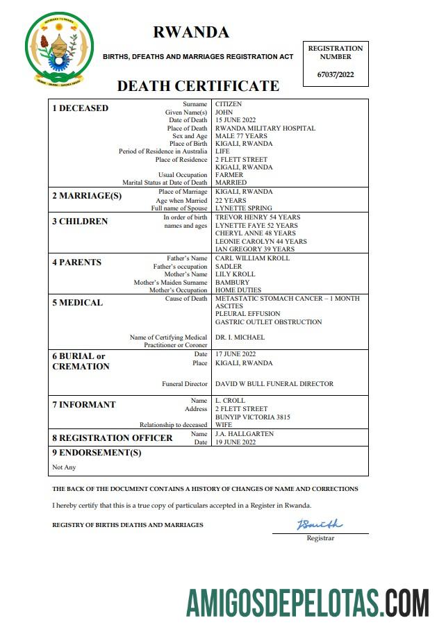 Premium Rwanda vital record kematian sertifikat Word and PDF templat
