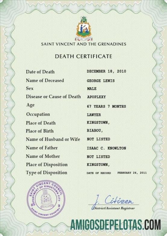 Dapat Diedit Saint Vincent and the Grenadines kematian sertifikat PSD templat