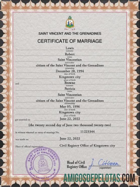 Saint Vincent and the Grenadines pernikahan sertifikat sampel