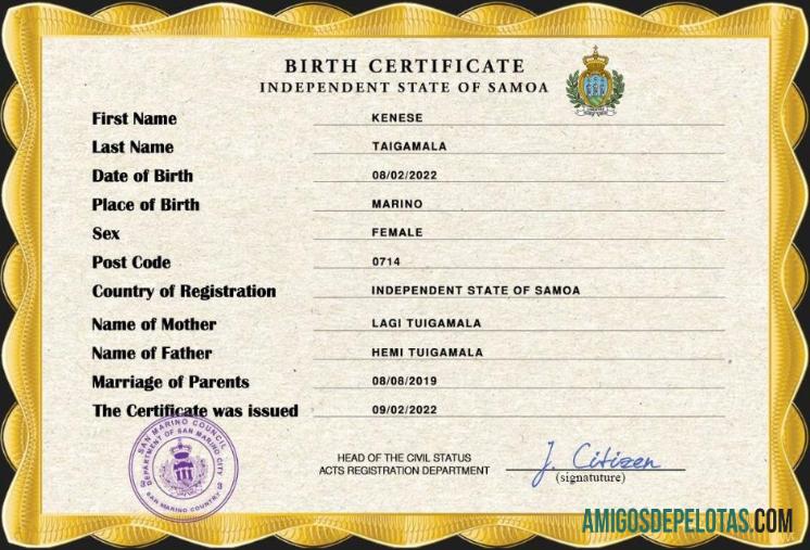 Realistis Samoa vital record kelahiran sertifikat PSD templat