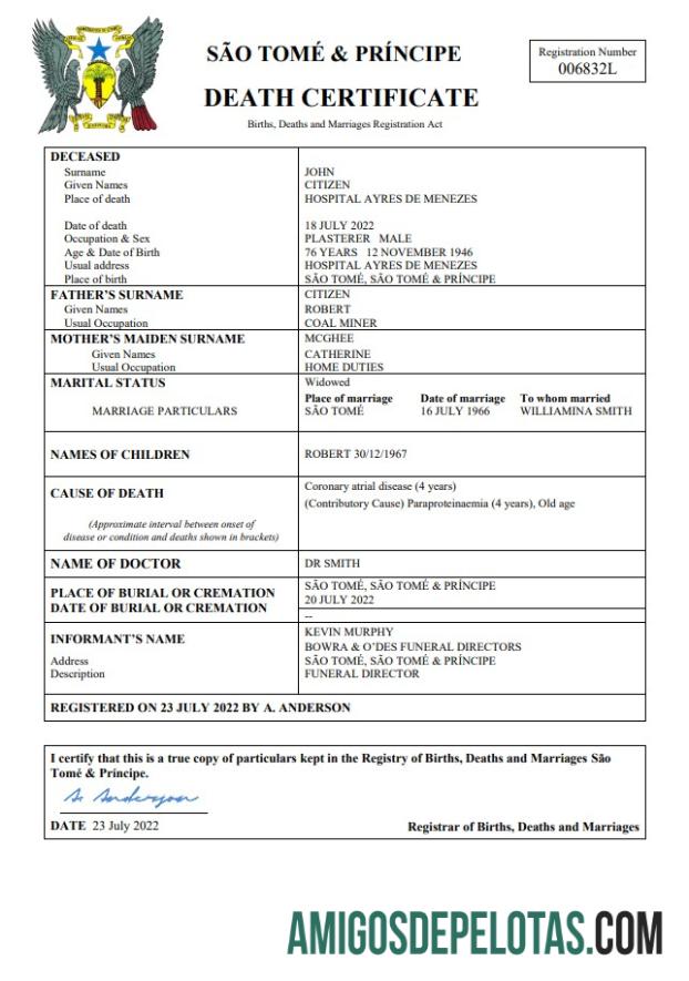 Berkualitas Sao Tome dan Principe vital record kematian sertifikat Word and PDF templat