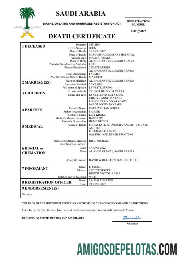 Premium Arab Arab Saudi kematian sertifikat Word and PDF templat