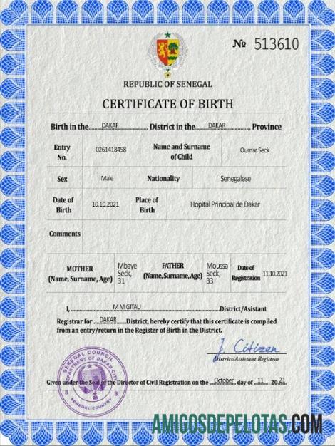 Realistis Senegal kelahiran sertifikat PSD templat