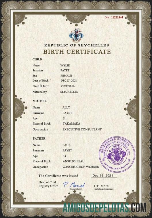 Dapat Diedit Seychelles vital record kelahiran sertifikat PSD templat