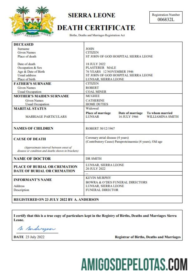 Berkualitas Sierra Leone kematian sertifikat Word and PDF templat