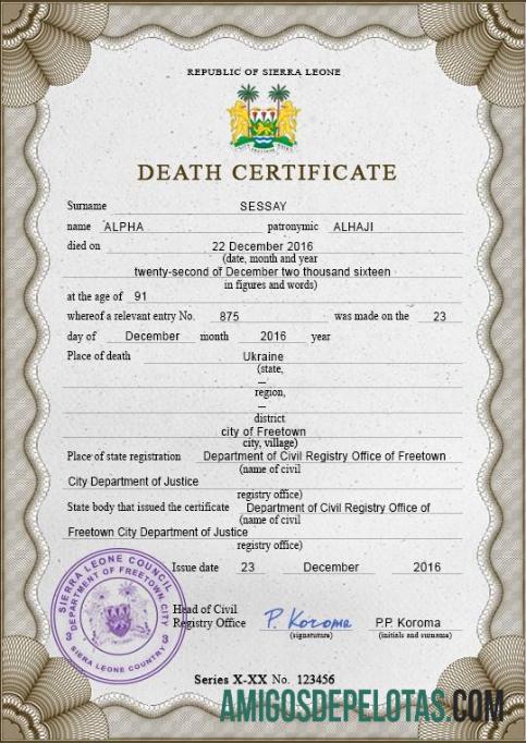 Dapat Diedit Sierra Leone vital record kematian sertifikat PSD templat