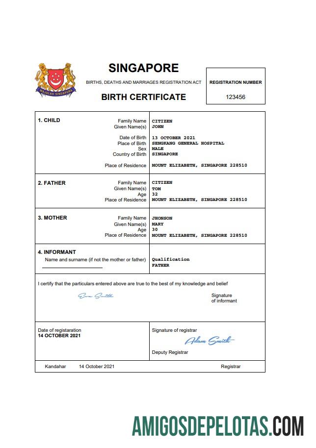 Berkualitas Singapura vital record kelahiran sertifikat Word and PDF templat
