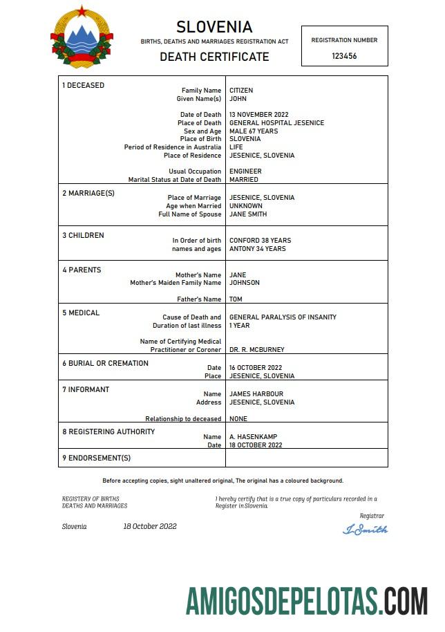 Berkualitas Slovenia vital record kematian sertifikat Word and PDF templat