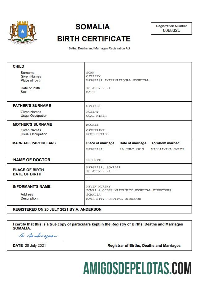 Profesional Somalia kelahiran sertifikat Word and PDF templat