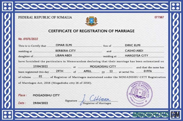 Realistis Somalia pernikahan sertifikat PSD templat