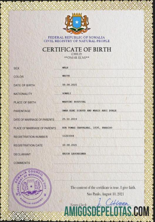Dapat Diedit Somalia vital record kelahiran sertifikat PSD templat