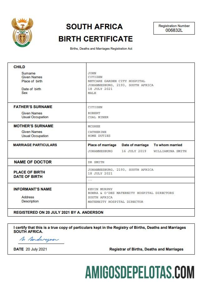 Realistis Afrika Selatan vital record kelahiran sertifikat Word and PDF templat