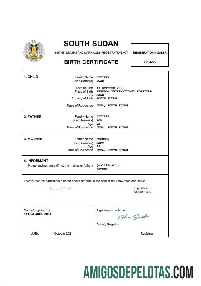 Berkualitas Sudan Selatan vital record kelahiran sertifikat Word and PDF templat