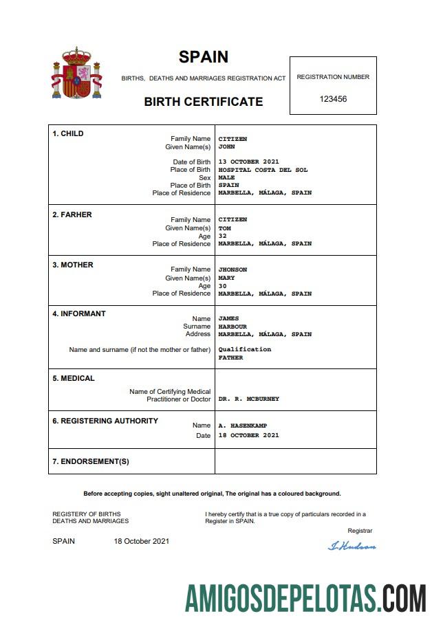 Dapat Diedit Spanyol kelahiran sertifikat Word and PDF templat