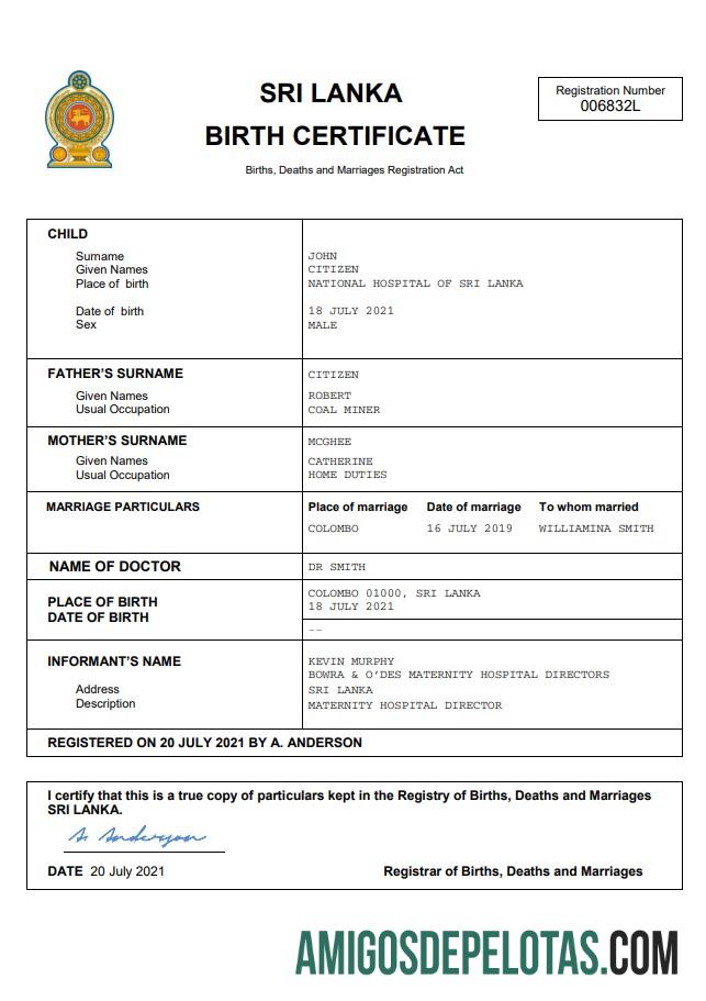 Berkualitas Sri Lanka vital record kelahiran sertifikat Word and PDF templat