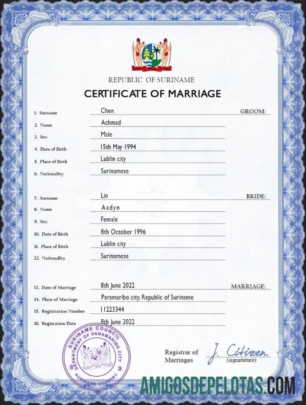 Profesional Suriname pernikahan sertifikat PSD templat