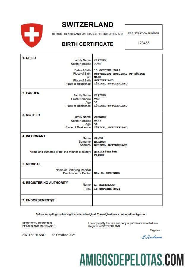Berkualitas Swiss vital record kelahiran sertifikat Word and PDF templat