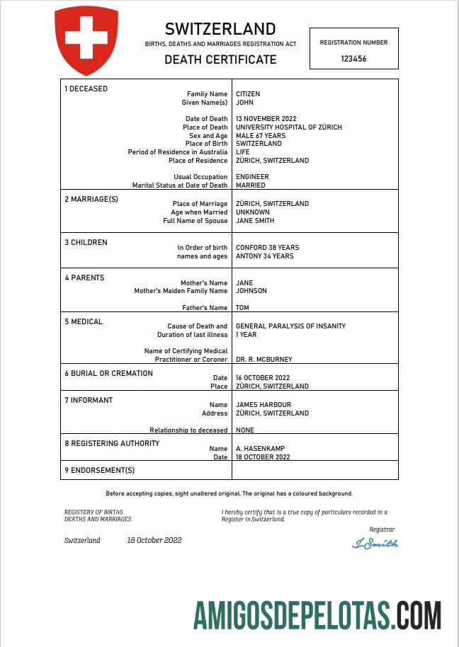 Realistis Swiss vital record kematian sertifikat Word and PDF templat