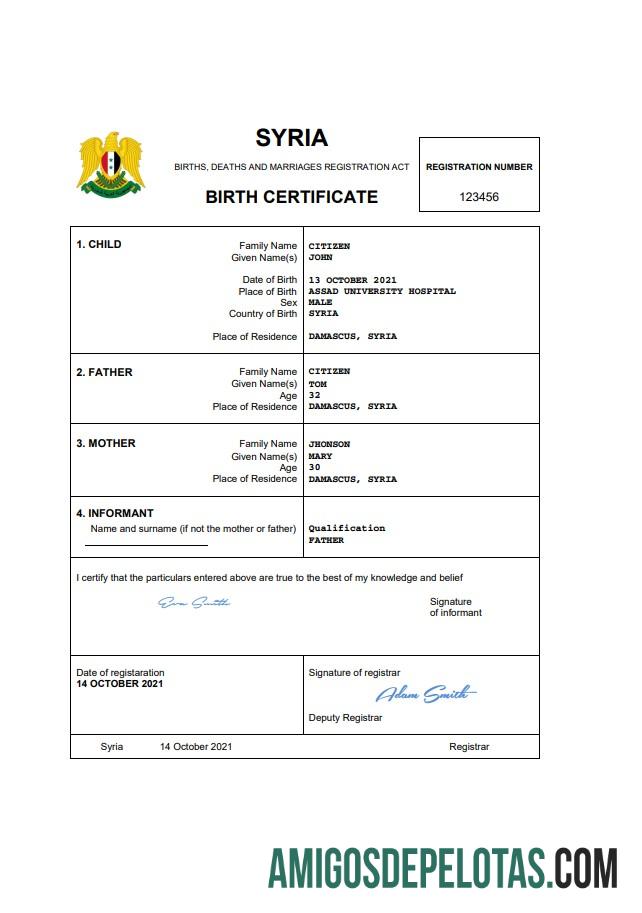 Berkualitas Suriah kelahiran sertifikat Word and PDF templat