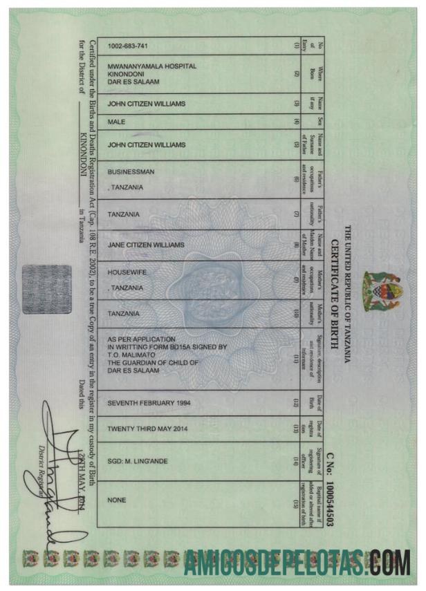 Tanzania kelahiran cert, versi 2 makering