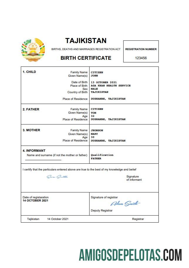 Berkualitas Tajikistan vital record kelahiran sertifikat Word and PDF templat