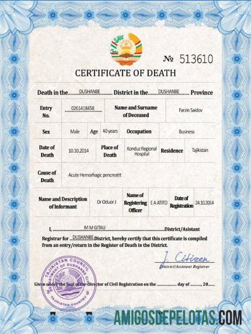 Premium Tajikistan vital record kematian sertifikat PSD templat